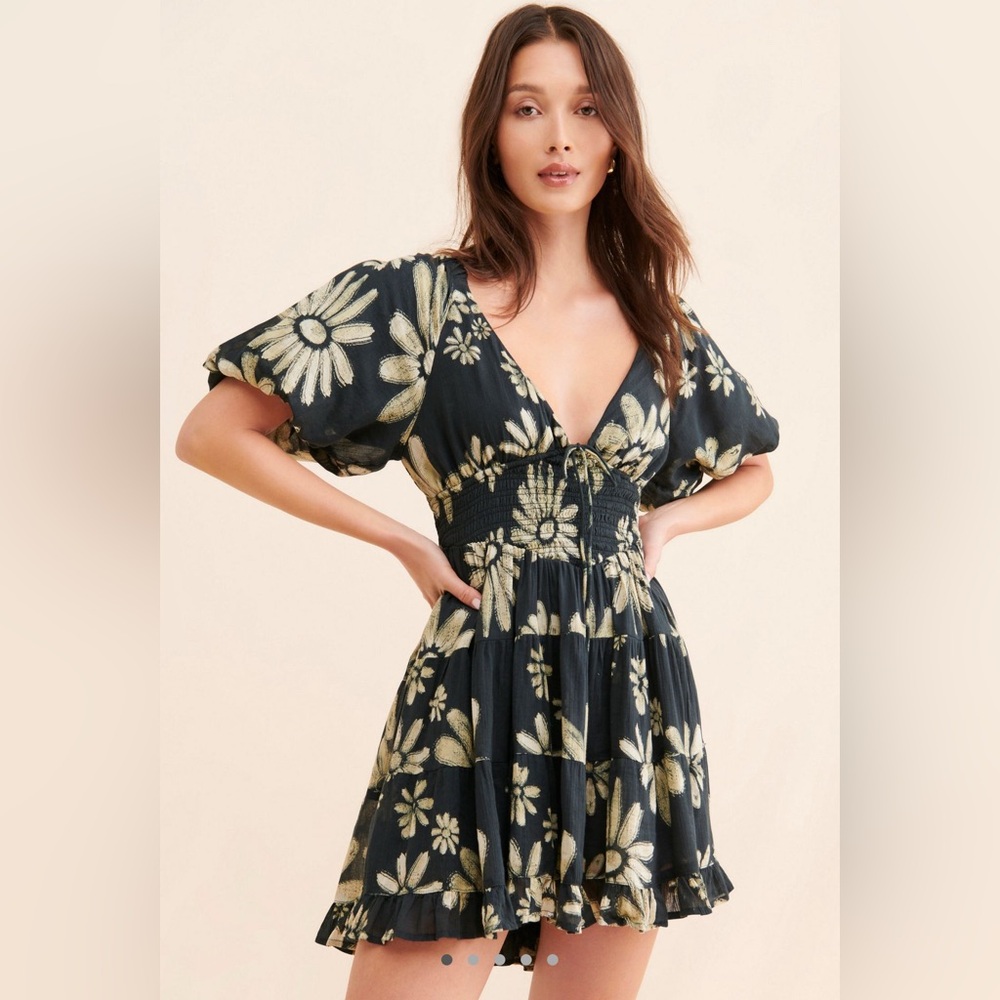 Free People Black and Cream Floral Mini Dress